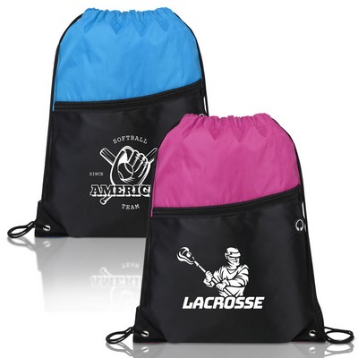 Two Tone Drawstring Backpack With Front Zipper