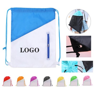 Durable Nylon Drawstring Backpack with Zipper Pocket