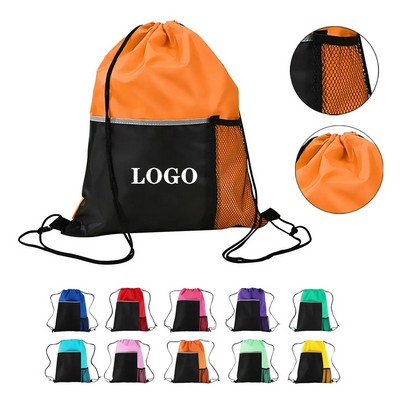 210D Polyester Dual Pocket Drawstring Backpack